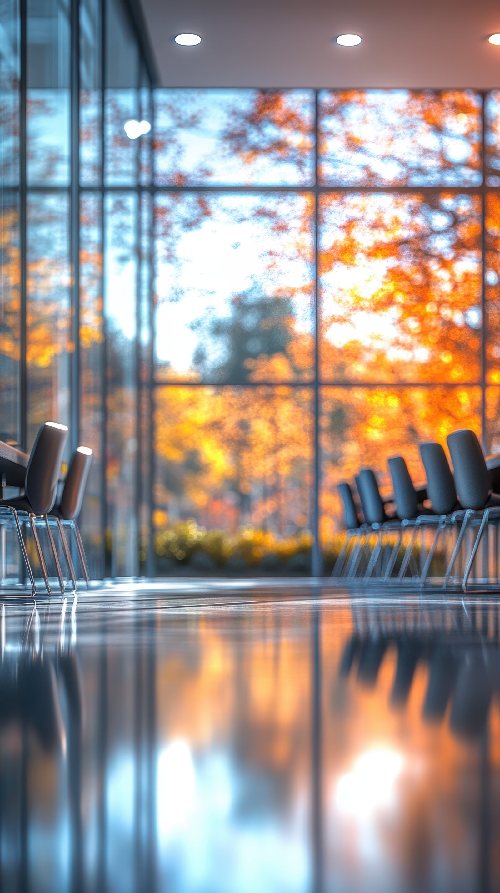 Office interior with chairs near a glass window in autumn during the daytime